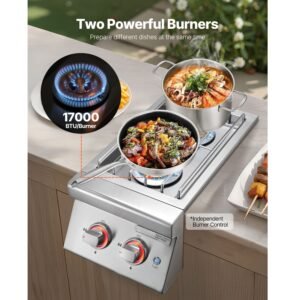 double grilling side burners, 2 x 17,000btu liquid propane side burner for outdoor kitchen, convertible to natural gas, 304 stainless steel built in double burners with led for bbq grill island
