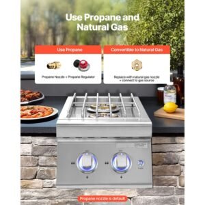 double grilling side burners, 2 x 17,000btu liquid propane side burner for outdoor kitchen, convertible to natural gas, 304 stainless steel built in double burners with led for bbq grill island
