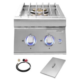Double Grilling Side Burners, 2 x 17,000BTU Liquid Propane Side Burner for Outdoor Kitchen, Convertible to Natural Gas, 304 Stainless Steel Built-in Double Burners with LED for BBQ Grill Island
