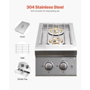 double grilling side burners, 2 x 17,000btu liquid propane side burner for outdoor kitchen, convertible to natural gas, 304 stainless steel built in double burners with led for bbq grill island