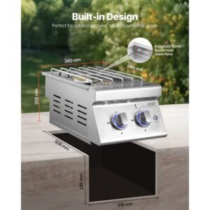 double grilling side burners, 2 x 17,000btu liquid propane side burner for outdoor kitchen, convertible to natural gas, 304 stainless steel built in double burners with led for bbq grill island