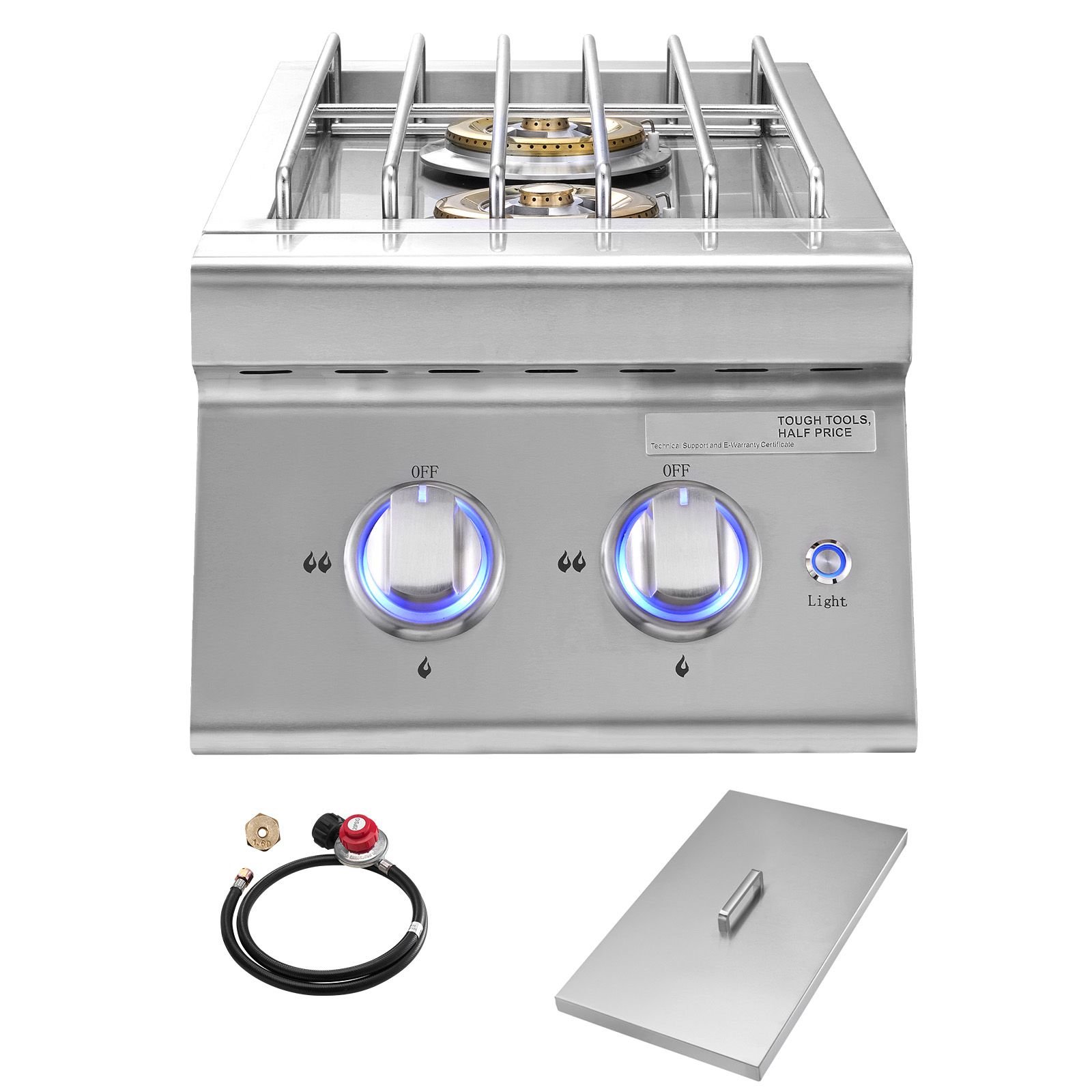 double grilling side burners, 2 x 17,000btu liquid propane side burner for outdoor kitchen, convertible to natural gas, 304 stainless steel built in double burners with led for bbq grill island