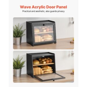 double layer bread box for kitchen counter, large capacity bamboo bread storage container, farmhouse wooden breadbox for homemade bread, storage holder bin with acrylic wavy door panel, black