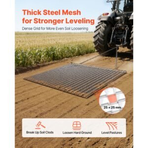 drag harrow, 4 x 4 ft, high efficiency chain harrow rake, atvs utvs tractors attachments, durable galvanized steel mesh drag mat with towing chain, for gravel driveway ruts farm field leveling