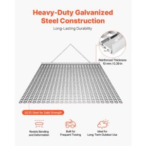 drag harrow, 4 x 4 ft, high efficiency chain harrow rake, atvs utvs tractors attachments, durable galvanized steel mesh drag mat with towing chain, for gravel driveway ruts farm field leveling