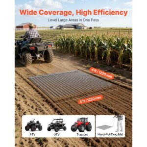 drag harrow, 4 x 4 ft, high efficiency chain harrow rake, atvs utvs tractors attachments, durable galvanized steel mesh drag mat with towing chain, for gravel driveway ruts farm field leveling