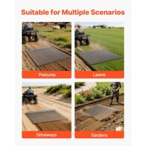 drag harrow, 4 x 4 ft, high efficiency chain harrow rake, atvs utvs tractors attachments, durable galvanized steel mesh drag mat with towing chain, for gravel driveway ruts farm field leveling