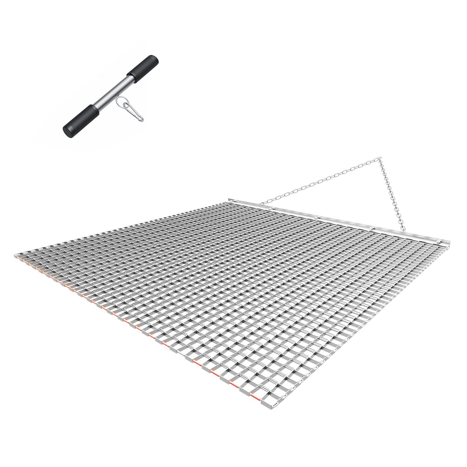 drag harrow, 4 x 4 ft, high efficiency chain harrow rake, atvs utvs tractors attachments, durable galvanized steel mesh drag mat with towing chain, for gravel driveway ruts farm field leveling