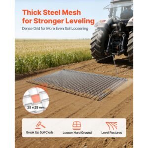 drag harrow, 5 x 3 ft, high efficiency chain harrow rake, atvs utvs tractors attachments, durable galvanized steel mesh drag mat with towing chain, for gravel driveway ruts farm field leveling