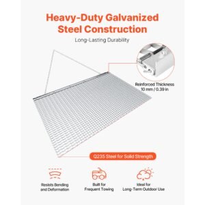 drag harrow, 5 x 3 ft, high efficiency chain harrow rake, atvs utvs tractors attachments, durable galvanized steel mesh drag mat with towing chain, for gravel driveway ruts farm field leveling