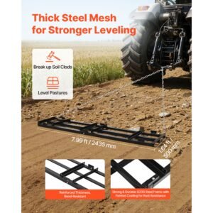 drag harrow, 96 x 20 in, tow behind driveway grader with adjustable width & 50lbs load capacity, heavy duty lawn leveling rake, galvanized steel gravel driveway drag, fits atvs utvs tractors
