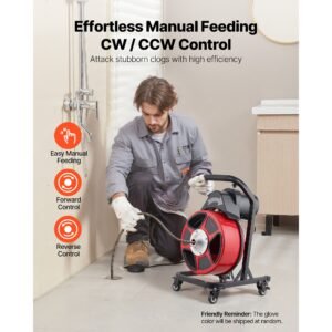 drain cleaner machine 50 ft x 1/2 inch, manual feed sewer snake auger on wheels with 4 cutters & air activated foot switch for 2" to 6" pipes