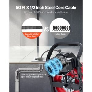drain cleaner machine 50 ft x 1/2 inch, manual feed sewer snake auger on wheels with 4 cutters & air activated foot switch for 2" to 6" pipes