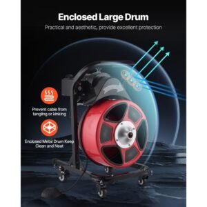 drain cleaner machine 50 ft x 1/2 inch, manual feed sewer snake auger on wheels with 4 cutters & air activated foot switch for 2" to 6" pipes