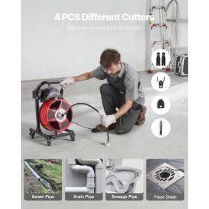 drain cleaner machine 50 ft x 1/2 inch, manual feed sewer snake auger on wheels with 4 cutters & air activated foot switch for 2" to 6" pipes