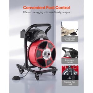drain cleaner machine 50 ft x 1/2 inch, manual feed sewer snake auger on wheels with 4 cutters & air activated foot switch for 2" to 6" pipes