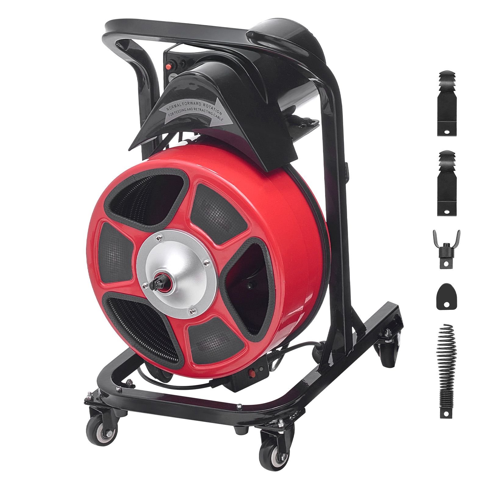 drain cleaner machine 50 ft x 1/2 inch, manual feed sewer snake auger on wheels with 4 cutters & air activated foot switch for 2" to 6" pipes