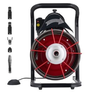 Drain Cleaner Machine 50 FT x 1/2 Inch, Sewer Snake Auger Manual Feed with 4 Cutters & Air-activated Foot Switch for 2" to 6" Pipes