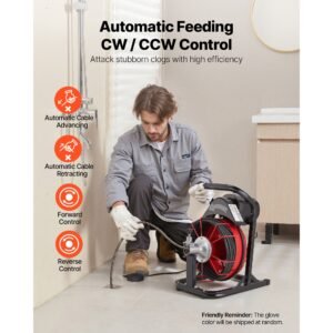 drain cleaner machine 50 ft x 5/16 inch, auto feed sewer snake auger with 4 cutters & air activated foot switch for 2" to 4" pipes