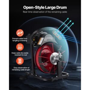 drain cleaner machine 50 ft x 5/16 inch, auto feed sewer snake auger with 4 cutters & air activated foot switch for 2" to 4" pipes