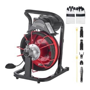 Drain Cleaner Machine 50 FT x 5/16 Inch, Auto Feed Sewer Snake Auger with 4 Cutters & Air-Activated Foot Switch for 2" to 4" Pipes