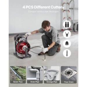 drain cleaner machine 50 ft x 5/16 inch, auto feed sewer snake auger with 4 cutters & air activated foot switch for 2" to 4" pipes