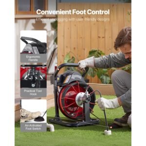 drain cleaner machine 50 ft x 5/16 inch, auto feed sewer snake auger with 4 cutters & air activated foot switch for 2" to 4" pipes