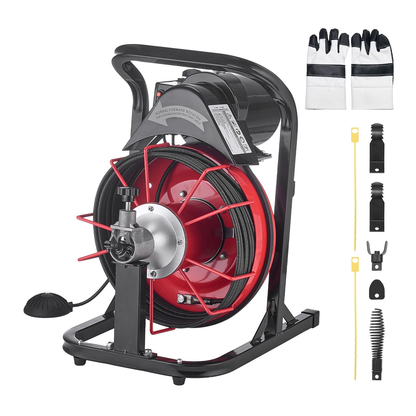 drain cleaner machine 50 ft x 5/16 inch, auto feed sewer snake auger with 4 cutters & air activated foot switch for 2" to 4" pipes