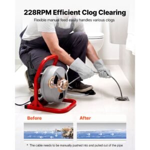 drain cleaner machine 50 ft x 5/16 inch, sewer snake auger with 228rpm electric drill, manual feed drain cleaning machine with 6 cutters & air activated foot switch for 2" to 4" pipes