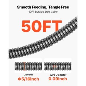 drain cleaner machine 50 ft x 5/16 inch, sewer snake auger with 228rpm electric drill, manual feed drain cleaning machine with 6 cutters & air activated foot switch for 2" to 4" pipes