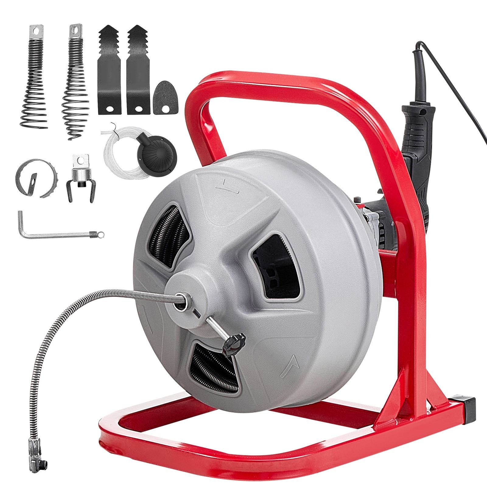 drain cleaner machine 50 ft x 5/16 inch, sewer snake auger with 228rpm electric drill, manual feed drain cleaning machine with 6 cutters & air activated foot switch for 2" to 4" pipes