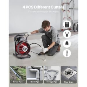 drain cleaner machine 75 ft x 1/2 inch, sewer snake auger manual feed with 4 cutters & air activated foot switch for 2" to 6" pipes