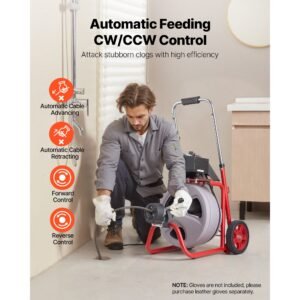 drain cleaner machine 75 ft x 3/8 inch, auto feed sewer snake drain auger on wheels, portable drain cleaning machine with 8 cutters & air activated foot switch for 2" to 4" pipes