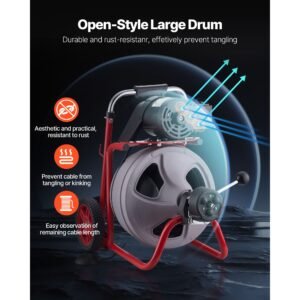 drain cleaner machine 75 ft x 3/8 inch, auto feed sewer snake drain auger on wheels, portable drain cleaning machine with 8 cutters & air activated foot switch for 2" to 4" pipes