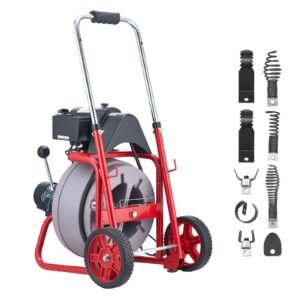 Drain Cleaner Machine 75 FT x 3/8 Inch, Auto Feed Sewer Snake Drain Auger on Wheels, Portable Drain Cleaning Machine with 8 Cutters & Air-Activated Foot Switch for 2" to 4" Pipes