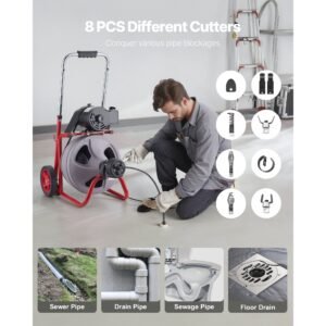 drain cleaner machine 75 ft x 3/8 inch, auto feed sewer snake drain auger on wheels, portable drain cleaning machine with 8 cutters & air activated foot switch for 2" to 4" pipes