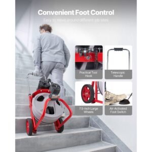 drain cleaner machine 75 ft x 3/8 inch, auto feed sewer snake drain auger on wheels, portable drain cleaning machine with 8 cutters & air activated foot switch for 2" to 4" pipes
