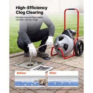 drain cleaner machine 75 ft x 3/8 inch, sewer snake auger manual feed on wheels, portable drain cleaning machine with 6 cutters & air activated foot switch for 2" to 4" pipes