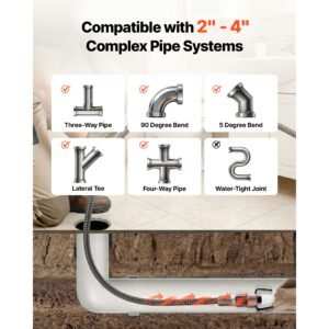 drain cleaner machine 75 ft x 3/8 inch, sewer snake auger manual feed on wheels, portable drain cleaning machine with 6 cutters & air activated foot switch for 2" to 4" pipes