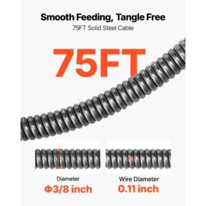 drain cleaner machine 75 ft x 3/8 inch, sewer snake auger manual feed on wheels, portable drain cleaning machine with 6 cutters & air activated foot switch for 2" to 4" pipes