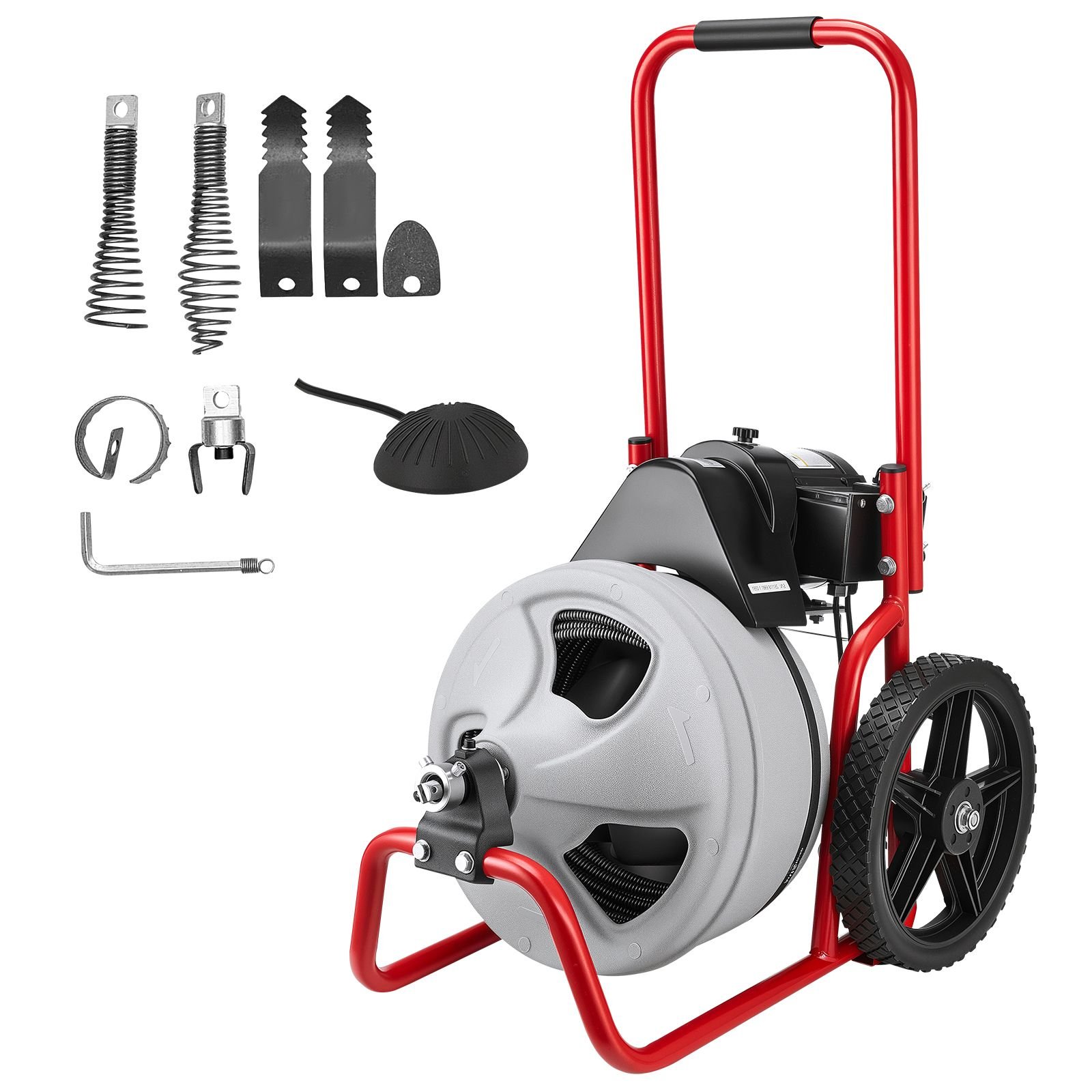 drain cleaner machine 75 ft x 3/8 inch, sewer snake auger manual feed on wheels, portable drain cleaning machine with 6 cutters & air activated foot switch for 2" to 4" pipes
