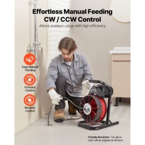 drain cleaner machine 75 ft x 3/8 inch, sewer snake auger manual feed with 4 cutters & air activated foot switch for 2" to 4" pipes