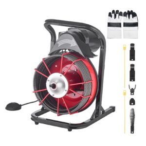 Drain Cleaner Machine 75 FT x 3/8 Inch, Sewer Snake Auger Manual Feed with 4 Cutters & Air-activated Foot Switch for 2" to 4" Pipes
