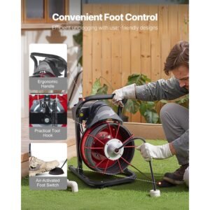 drain cleaner machine 75 ft x 3/8 inch, sewer snake auger manual feed with 4 cutters & air activated foot switch for 2" to 4" pipes