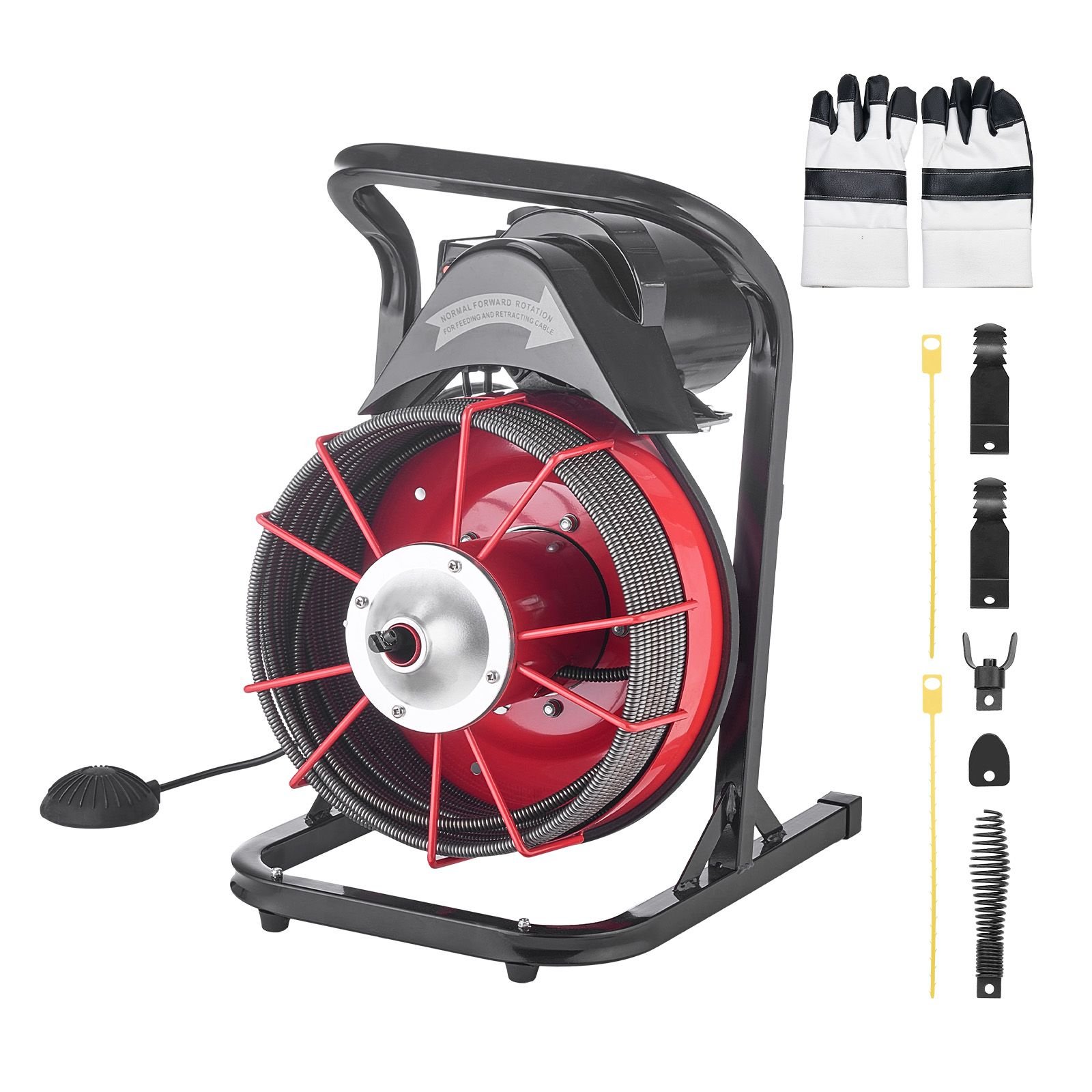 drain cleaner machine 75 ft x 3/8 inch, sewer snake auger manual feed with 4 cutters & air activated foot switch for 2" to 4" pipes
