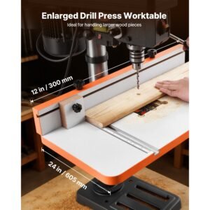 drill press table, 24 in x 12 in, worktable with an adjustable fence and stop block, highly compatible t slots, mdf tabletop, built in scale, support multiple clamps and vises, for drill presses