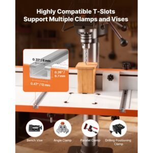 drill press table, 24 in x 12 in, worktable with an adjustable fence and stop block, highly compatible t slots, mdf tabletop, built in scale, support multiple clamps and vises, for drill presses