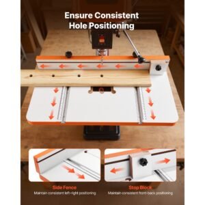 drill press table, 24 in x 12 in, worktable with an adjustable fence and stop block, highly compatible t slots, mdf tabletop, built in scale, support multiple clamps and vises, for drill presses