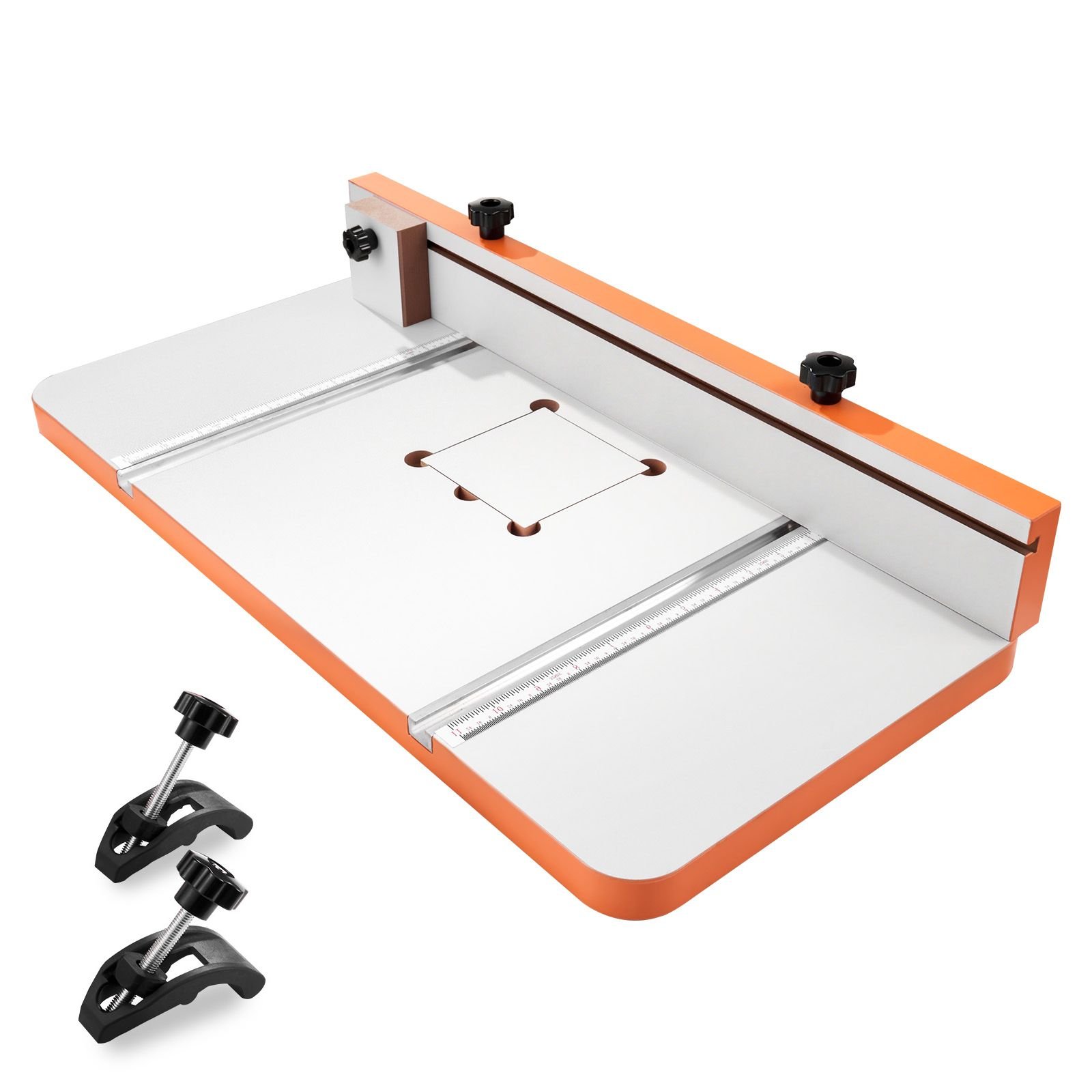 drill press table, 24 in x 12 in, worktable with an adjustable fence and stop block, highly compatible t slots, mdf tabletop, built in scale, support multiple clamps and vises, for drill presses