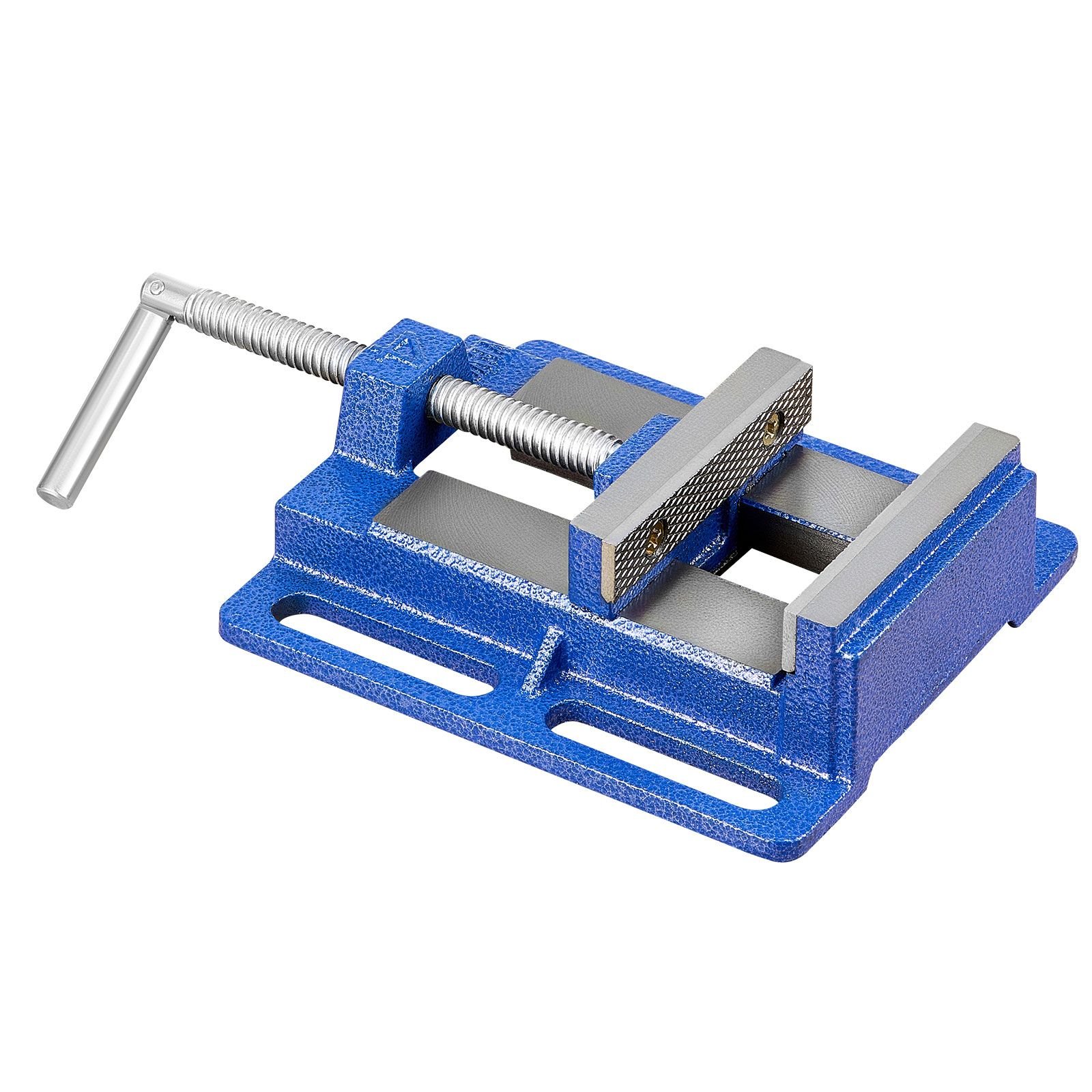 drill press vise, 4 inch jaw width, portable bench vise, slotted base for easy installation, durable cast iron construction, workbench vice, for woodworking, metalworking, drilling, and cutting